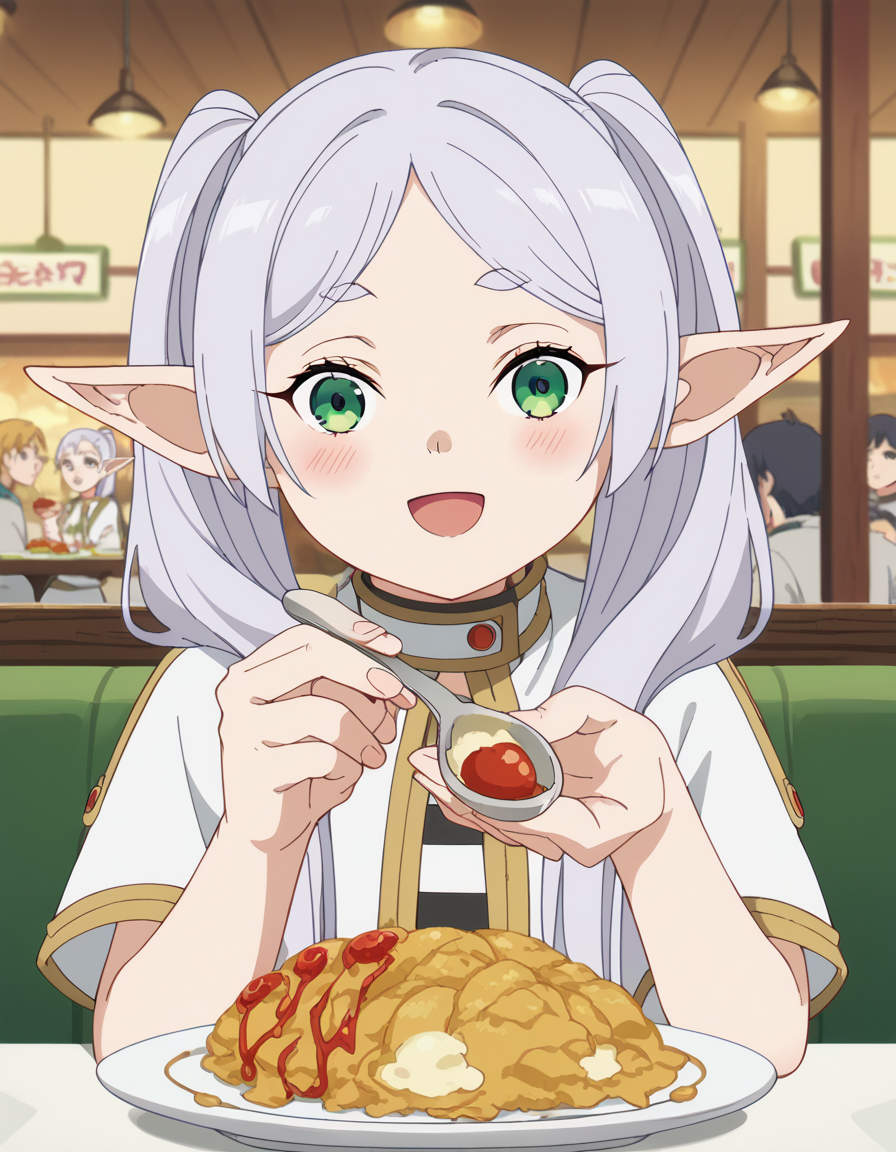 score_9, score_8_up, score_7_up, source_anime, <lora:frieren-s1-ponyxl-lora-nochekaiser:1>, frieren, long hair, twintails, green eyes, grey hair, pointy ears, elf, small breasts, anime screencap, <lora:incoming-spoon-ponyxl-lora-nochekaiser:1> incoming food, spoon, holding, holding spoon, food, looking at viewer, open mouth, blush, smile, restaurant, plate, hand up,, , dutch angle, cowboy shot