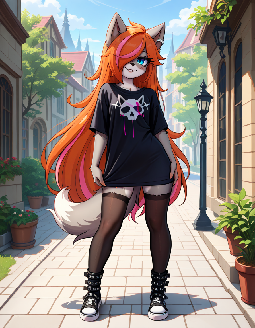 masterpiece, best quality, very aesthetic, absurdres,
outdoors,
full body, standing, posing, 
goth fashion, 
seductive smile, parted lips, long eyelashes,
<lora:Kayla_Kitsune_v01_NAIXL:1>
K4yl4_K1tsun3,1girl,solo,furry,furry female,very long hair,multicolored hair,orange hair,pink hair,streaked hair,hair over one eye,wolf ears,earrings,blue eyes,freckles,snout,animal nose,body fur,two-tone fur,wolf tail