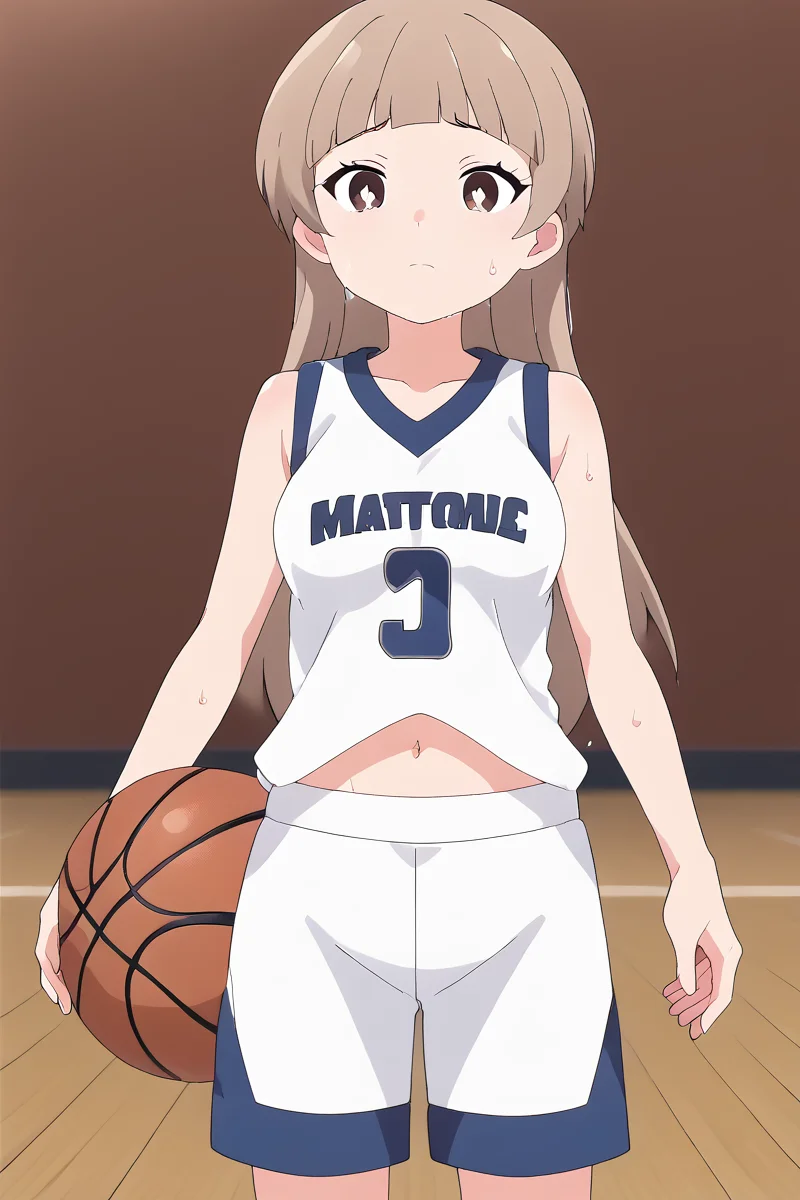 score_9, score_8_up, score_7_up , source_anime, solo, intricate details, masterpiece, high quality, prefect hands, best quality , anime screencap, <lora:DetailedEyes_V3:1> , KatanoPN, 1girl , brown eyes , white pupil , brown hair , long hair , gym , <lora:Katano_Bat_Holy_Envoy_Cross_Near_Heart:1> , sweating , sweat , cute , wet skin , navel , <lora:basketball-uniform-ponyxl-lora-nochekaiser:1> basketball uniform, basketball jersery, sportswear, jersey, shorts, sleeveless,