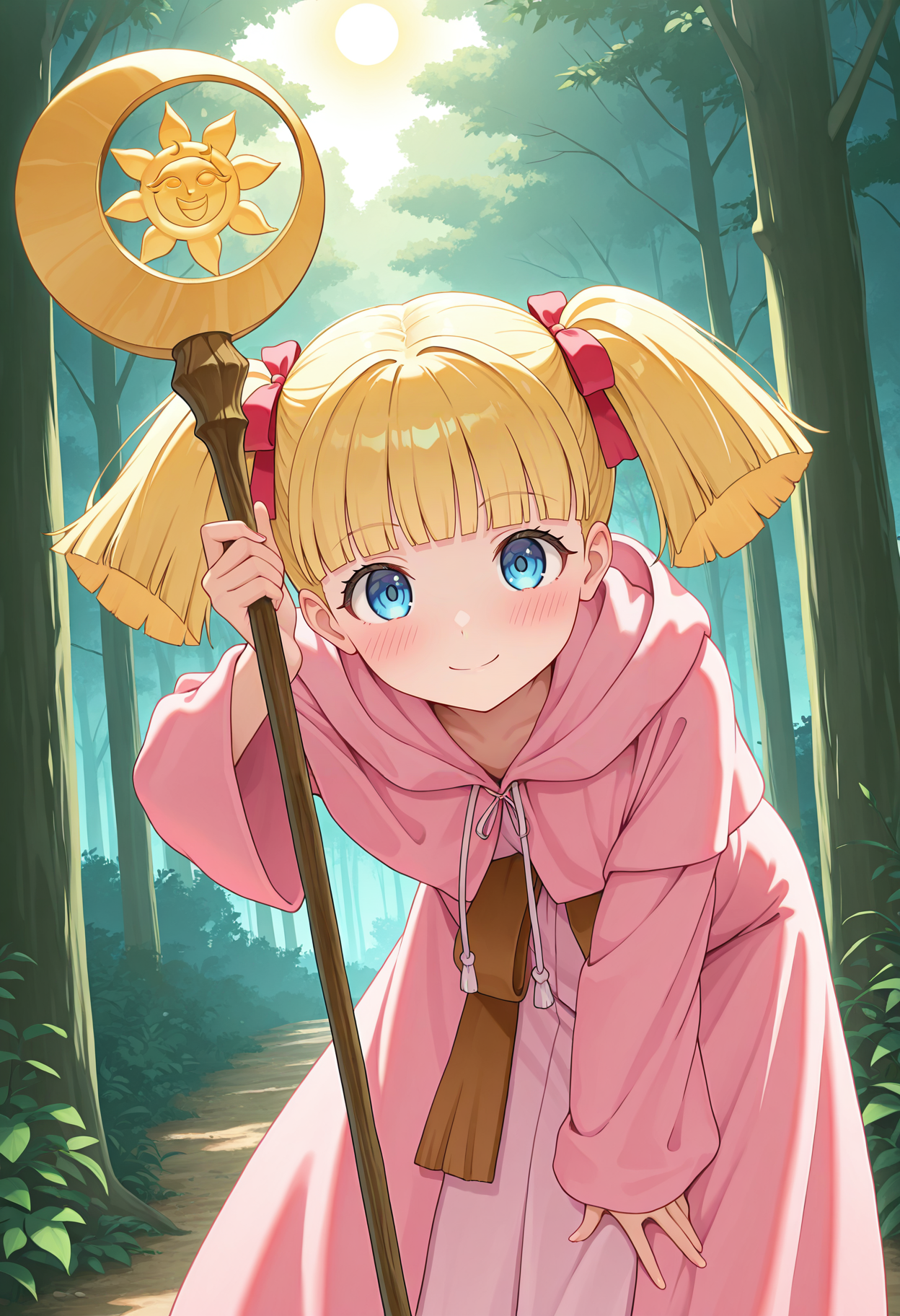 highres, best quality, masterpiece, outdoors, forest,
1girl, solo, rurupom, short twintails, blonde hair, blue eyes, blunt bangs, ribbon, hair ribbon,
hood, pink robe,
holding staff, sun symbol, crescent,
looking at viewer, blush, smile,
standing, leaning forward, dynamic pose, 
<lora:_ruru_comupom-elesico-ilxlE:1>