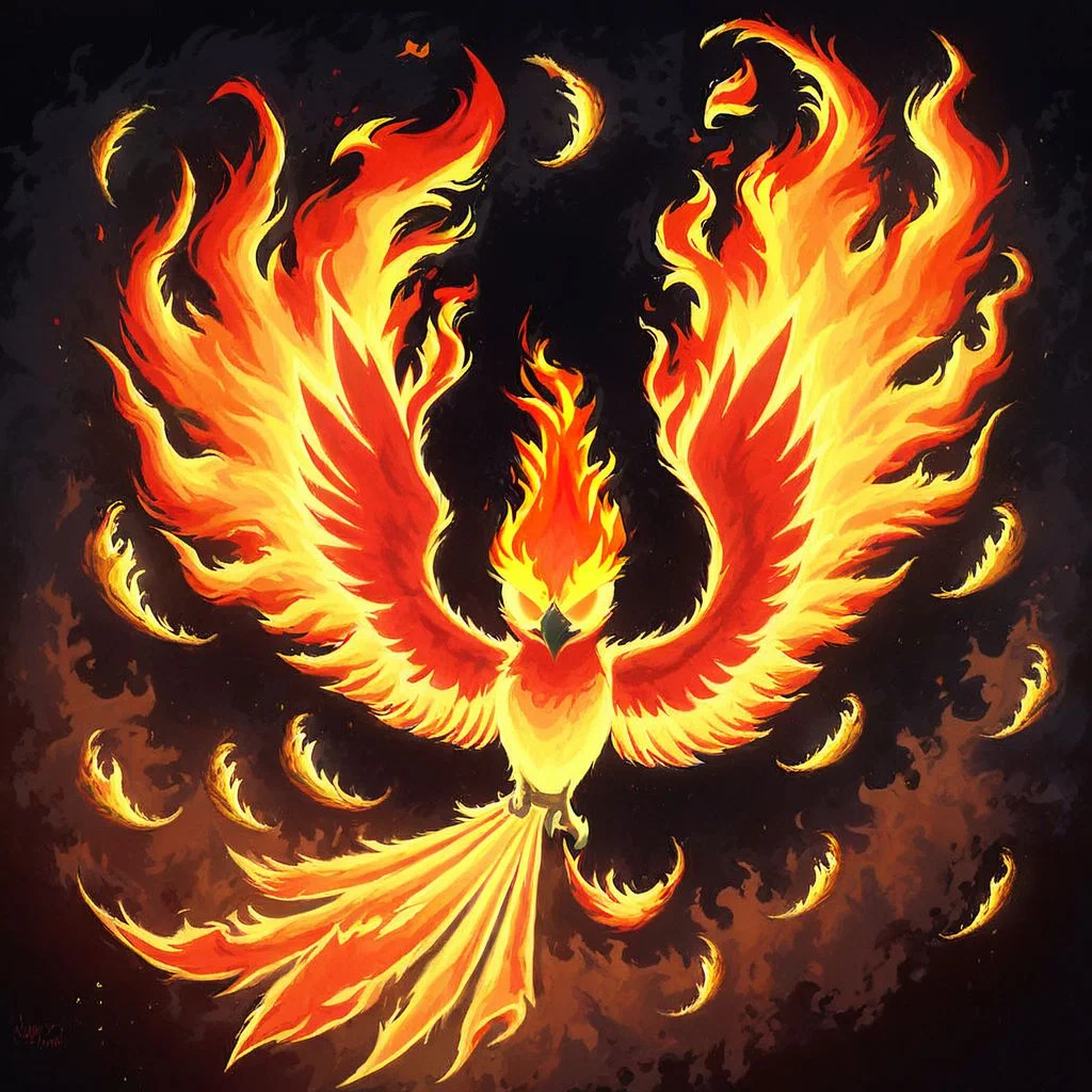 bird, spread wings, spread legs, colorful wings, red, orange, yellow, defined feathers, shimmering talons, three talons, beak up, flames, mad-flames, epic, painting style, dramatic lighting, dark background, rating_safe
