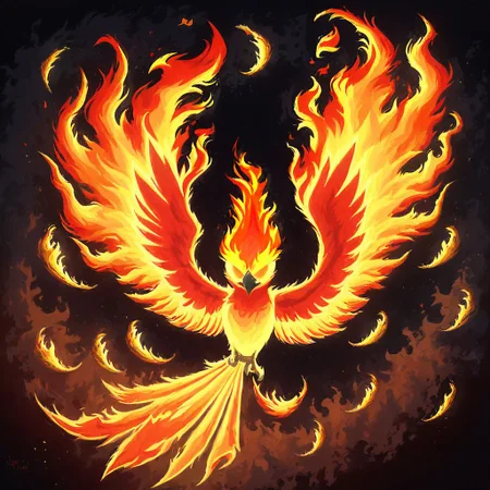 bird, spread wings, spread legs, colorful wings, red, orange, yellow, defined feathers, shimmering talons, three talons, beak up, flames, mad-flames, epic, painting style, dramatic lighting, dark background, rating_safe