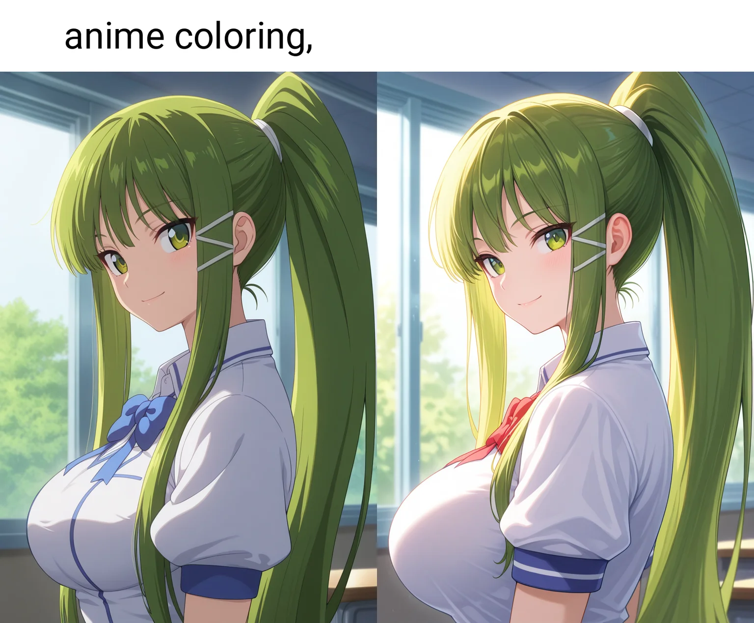 masterpiece, best quality, amazing quality, 1girl, solo, (portrait:1.2), anime coloring, eikoww, green eyes, green hair, long hair, very long hair, ponytail, sidelocks, hair ornament, large breasts, school uniform, white school shirt, looking at viewer, smile, indoors, day, skindentation, detailed clothing folds, depth of field, sharp, high contrast, dynamic light <lora:Teruya_Eiko_Ichiban_Ushiro_no_Daimaou_ill:0.9>