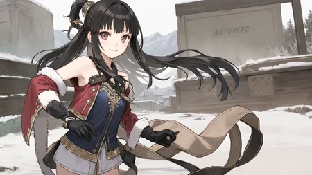 ((solo, 1girl,)) (winter, mountain,) standing, long hair, black hair, hair ornament, halterneck, black gloves, closed mouth, smile,