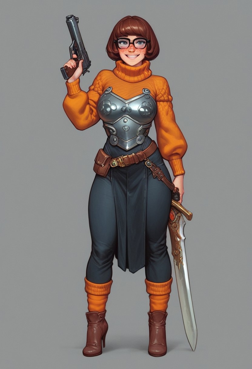 score_9, score_8_up, score_8. score_9, score_8_up, score_7_up, score_6_up, masterpiece, 4k, high quality
1girl, 25 year old beautiful Velma (from scooby doo), thick black lashes, blush, black collar, freckles, sultry look, soft smile, thick glasses, dark brown hair,
(((full-clothed medieval armor))), ((long sword in hands, steel gun in hands))
BREAK 
strange world background score_9, score_8_up, score_7_up, score_6_up, source_cartoon, rating_explicit, Expressiveh, ((full body)), dynamic pose