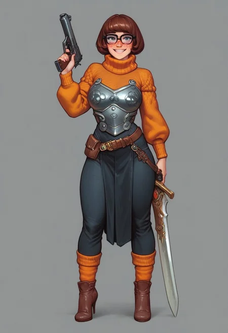 score_9, score_8_up, score_8. score_9, score_8_up, score_7_up, score_6_up, masterpiece, 4k, high quality
1girl, 25 year old beautiful Velma (from scooby doo), thick black lashes, blush, black collar, freckles, sultry look, soft smile, thick glasses, dark brown hair,
(((full-clothed medieval armor))), ((long sword in hands, steel gun in hands))
BREAK
strange world background score_9, score_8_up, score_7_up, score_6_up, source_cartoon, rating_explicit, Expressiveh, ((full body)), dynamic pose