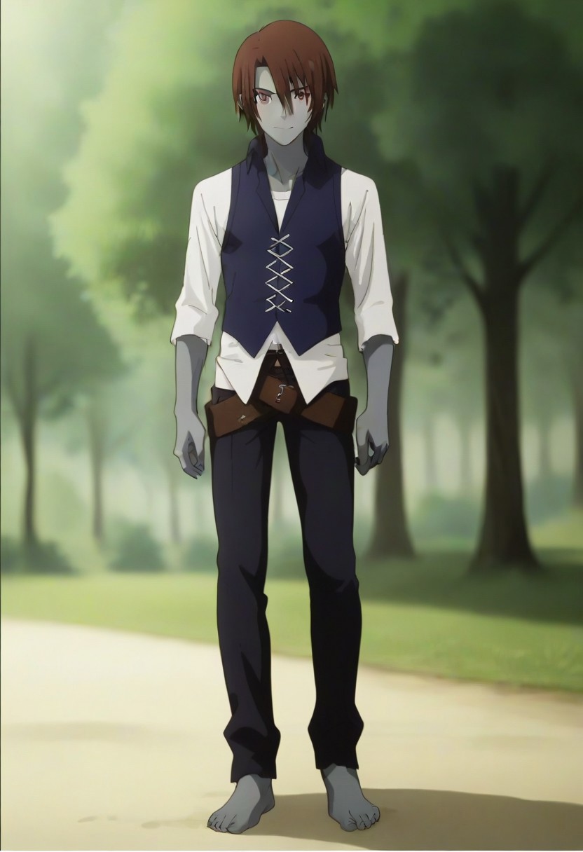 ((masterpiece)), ((best quality)), ((ultra-detailed)), score_9_up, score_8_up, score_7_up, HD, top quality, best quality, High-quality illustrations, anime screencap, source_anime, perfect anatomy, 1boy, 1male, male anime character, anime boy, solo male, male focus, handsome, attractive, cute, sexy, ((lean body, fit body, athletic body)), long legs, tall legs, ((tall, tall body, tall height)), looking at viewer, looking at front, front shot, front view,Rou,brown hair,red eyes,gray skin, blue vest, white long sleeve shirt, exposed forearms, double belts, black pants, barefoot, full body shot, head to feet shot