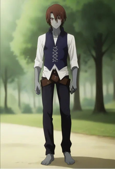 ((masterpiece)), ((best quality)), ((ultra-detailed)), score_9_up, score_8_up, score_7_up, HD, top quality, best quality, High-quality illustrations, anime screencap, source_anime, perfect anatomy, 1boy, 1male, male anime character, anime boy, solo male, male focus, handsome, attractive, cute, sexy, ((lean body, fit body, athletic body)), long legs, tall legs, ((tall, tall body, tall height)), looking at viewer, looking at front, front shot, front view,Rou,brown hair,red eyes,gray skin, blue vest, white long sleeve shirt, exposed forearms, double belts, black pants, barefoot, full body shot, head to feet shot
