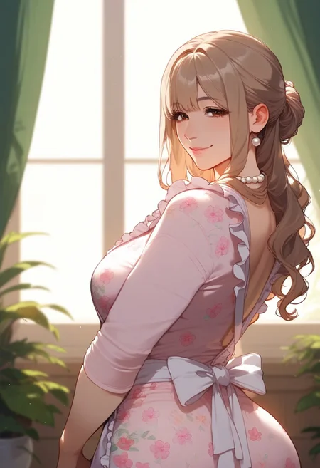 score_9, score_8_up, score_7_up, Expressiveh, 1woman, solo, alone, milf, motherly, mother, curvy, bottom heavy, large hips, round ass, light brown hair, brown eyes, updo, long bangs, soft lighting, warm tones, gentle expression, long flowing hair, pastel dress, knitted shawl, cozy apron, warm smile, gentle eyes, soft curls, pearl necklace, floral embroidery, homely atmosphere