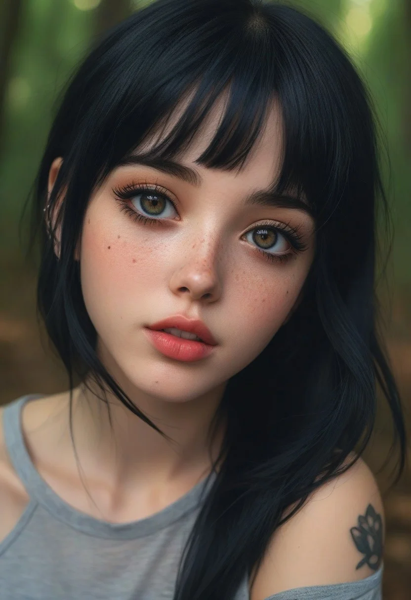 score_9, score_8_up, score_7_up, score_6_up, solo, 1girl, looking at viewer, lips, close-up, realistic, freckles, portrait, slight smile, makeup, black hair, tattoo on face, emo girl, egirl
(real photograph:2.0), love, epiCRealism, eye catching, biting lip, flirting , warm light, forest background