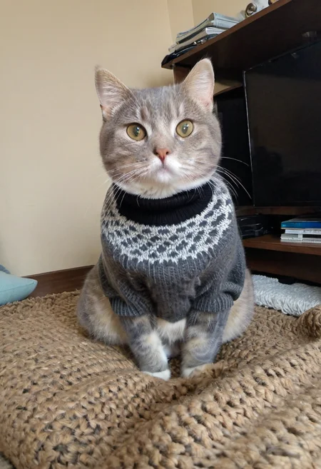 realistic photo, (sharp focus, highly detailed, 4k, 8k, best quality, masterpiece, ultra highres:1)m <lora:fpz:0.88>, fpz, 1cat, cat, wearing a turtleneck sweater, wearing yoga pants