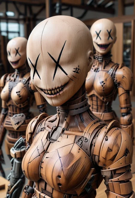 score_9, score_8_up, score_7_up, source_realistic, high quality v3, masterpiece, amazing quality, very aesthetic, face focus, depth of field, hrdwdaf,
a closeup portrait of a Bald female XXDFace with x-eyes and creepy smile faceless mannequin wearing wooden hardwood mecha cyborg armor made of wood,