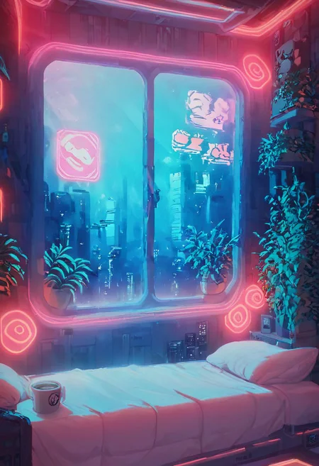 score_9,score_8_up,score_7_up,score_6_up,
steaming coffee cup on windowsill, plants on the windowsill, wall of plants, monstera plant, large plant, tidy bedrrom, small room, cramped bedroom, teddies on the bed, cyberpunk city view out of the window, neon light, purple neon lights,
