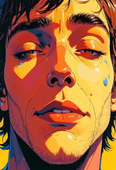 close up on a man eyes gently closed, a soft smile on the lips, face bathed in warm sunlight, exuding tranquility and calm, saturated colors and line inking in the style of a graphic novel