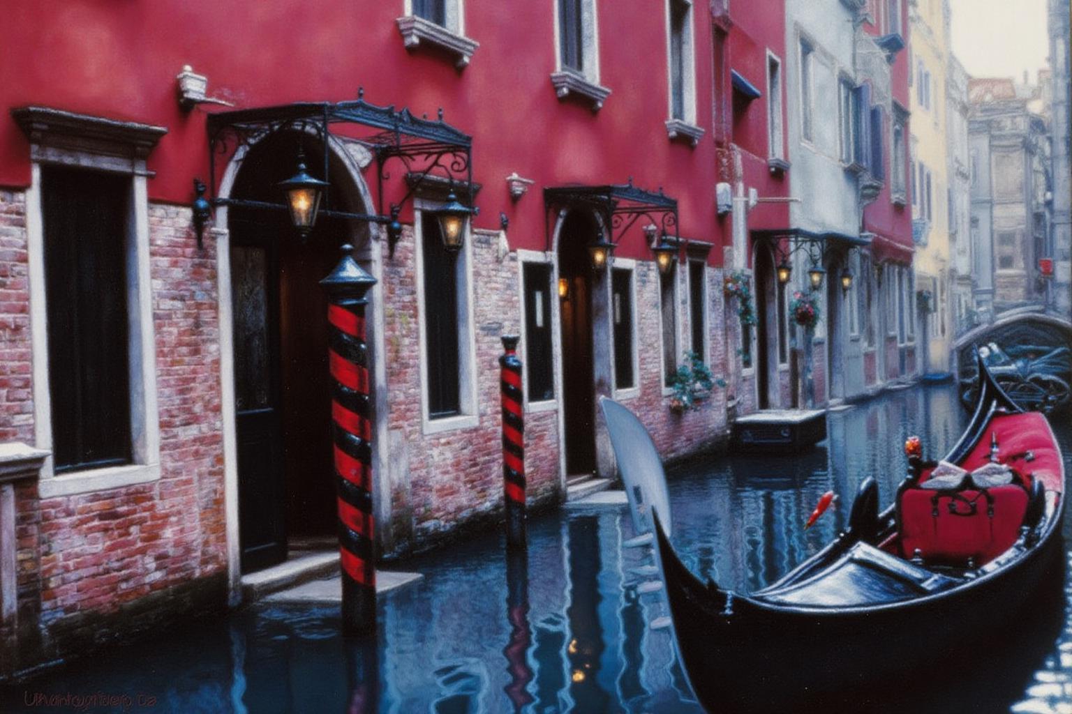 chenyifei2 painting.
A scene in Venice, featuring a narrow, water-filled canal lined with weathered, brick-faced buildings. The buildings have tall, narrow windows and doors, some with red and black striped awnings. There is a gondola on the right.
 <lora:chenyifei2_cap_d6a3:1.0><lora:839848771610353010:0>
