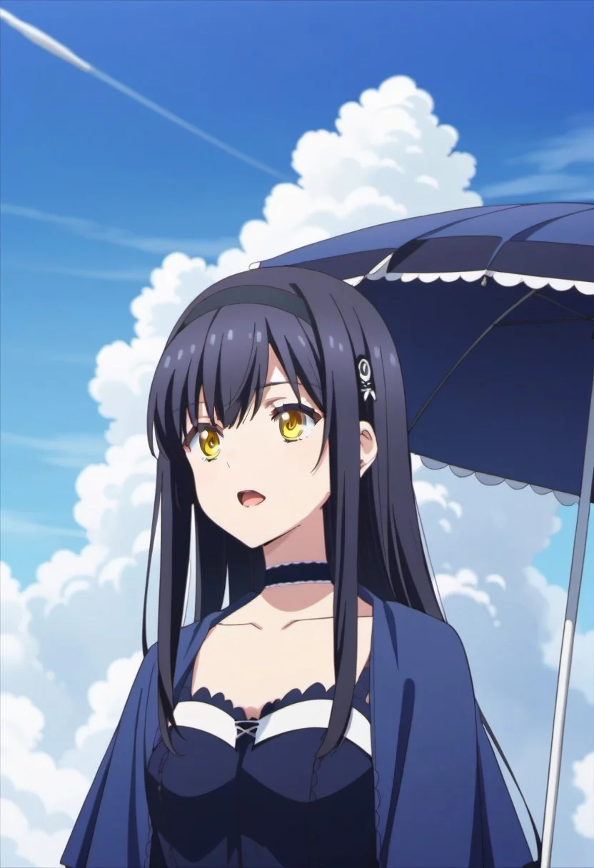 score_9, score_8_up, score_7_up, source_anime, kushima kamome, long hair, black hair, yellow eyes, 1girl, solo, hairband, choker, sky, open mouth, cloud, day, dress, collarbone, black hairband, upper body, anime coloring, umbrella