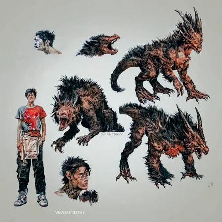 Realistic, score_9, score_8_up, score_7_up, darwintheory, man evolving, 5 stage evolution, on a flat white background, a dragon turning into a man , darwintheory, in the style of anime <lora:evolutionPonyXL:1> , darwintheory, animal evolving, anime style