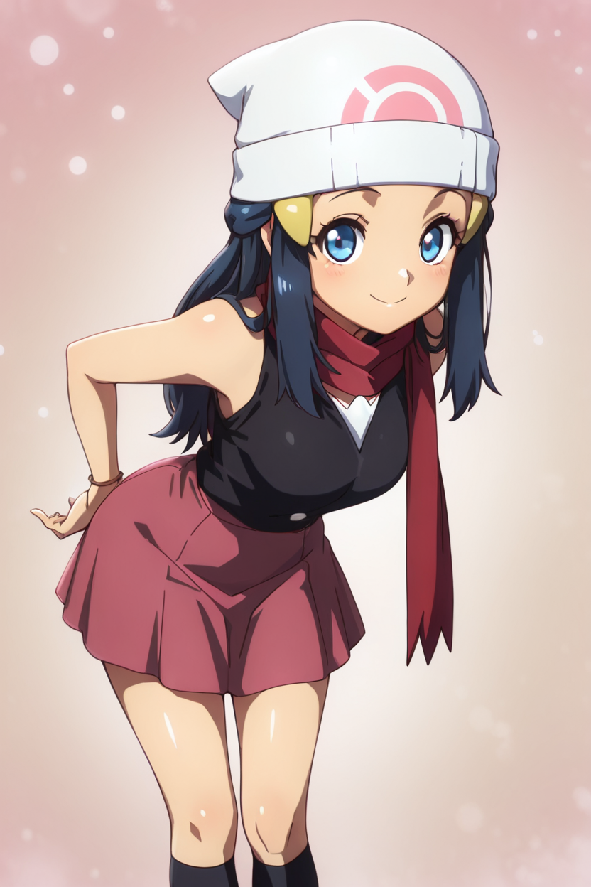 masterpiece, best quality, 1girl, solo, beautiful eyes, zzDawn, blue hair, blue eyes, sidelocks, long hair, bare shoulders, beanie, black shirt, black socks, bracelet, hat, jewelry, kneehighs, miniskirt, pink skirt, red scarf, scarf, shirt, skirt, sleeveless, sleeveless shirt, white headwear,  <lora:DawnPokemonIXL_e07:1.0>  <lora:OkitsuraStyleIXL:1.0>, , cowboy shot, leaning forward, smile, looking at viewer, shiny skin,