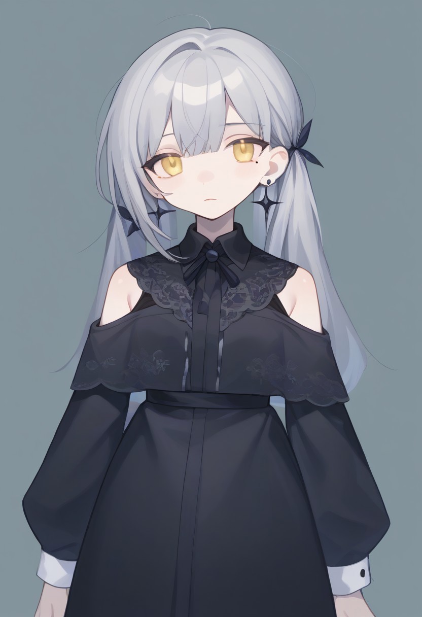 score_9, score_8_up, score_7_up, source_anime, BREAK, standing, simple background, cowboy shot, grey hair, yellow eyes, mole under eye, pale skin, earrings, clothonc, black dress