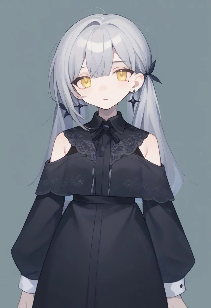 score_9, score_8_up, score_7_up, source_anime, BREAK, standing, simple background, cowboy shot, grey hair, yellow eyes, mole under eye, pale skin, earrings, clothonc, black dress