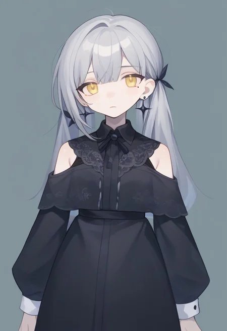 score_9, score_8_up, score_7_up, source_anime, BREAK, standing, simple background, cowboy shot, grey hair, yellow eyes, mole under eye, pale skin, earrings, clothonc, black dress