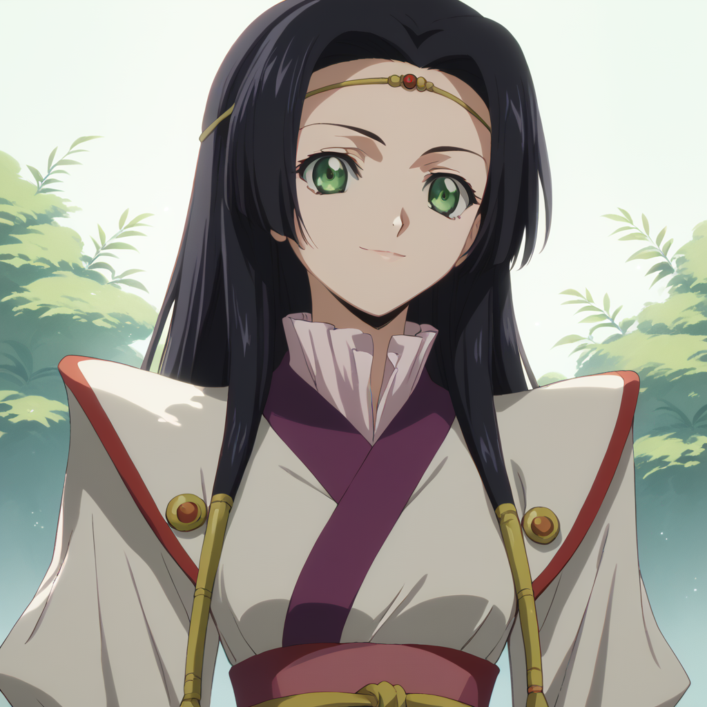 <lora:SlimesKaguyaSumeragi:1>,score_9, score_8_up, score_7_up, slimes_kaguyasumeragi, woman, waist up shot, portrait, waist up shot, green eyes, black hair, headband, smiling