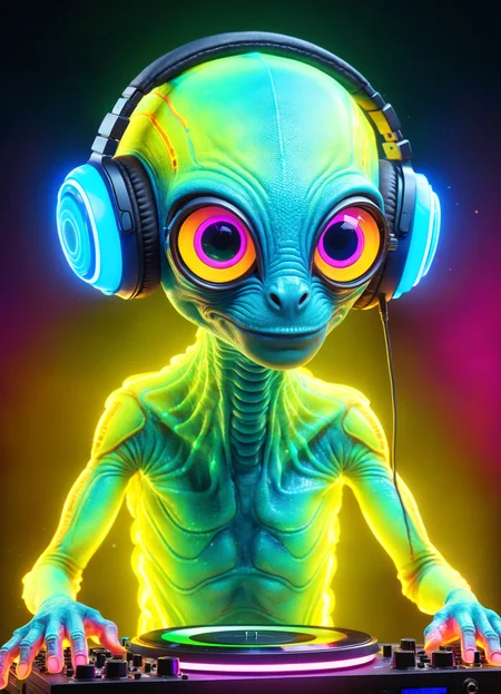 psychedelic style Ombre color scheme of neon yellow, neon blue, neon pink, neon green, neon orange, cute weird (alien|gecko) creature DJing (at a rave:1.1) (giant speakers:1.2) (crowd distant background:1.15) (bokeh volumetric lighting, fog:1.1) <lora:fx-monsters:0.35> fx-monsters <lora:add-detail-xl:1> <lora:sss:0.8> <lora:xl_more_art-full_v1:0.35>, subsurface scattering, Photorealistic, Hyperrealistic, analog style, realistic, film photography, soft lighting, heavy shadow . vibrant colors, swirling patterns, abstract forms, surreal, trippy