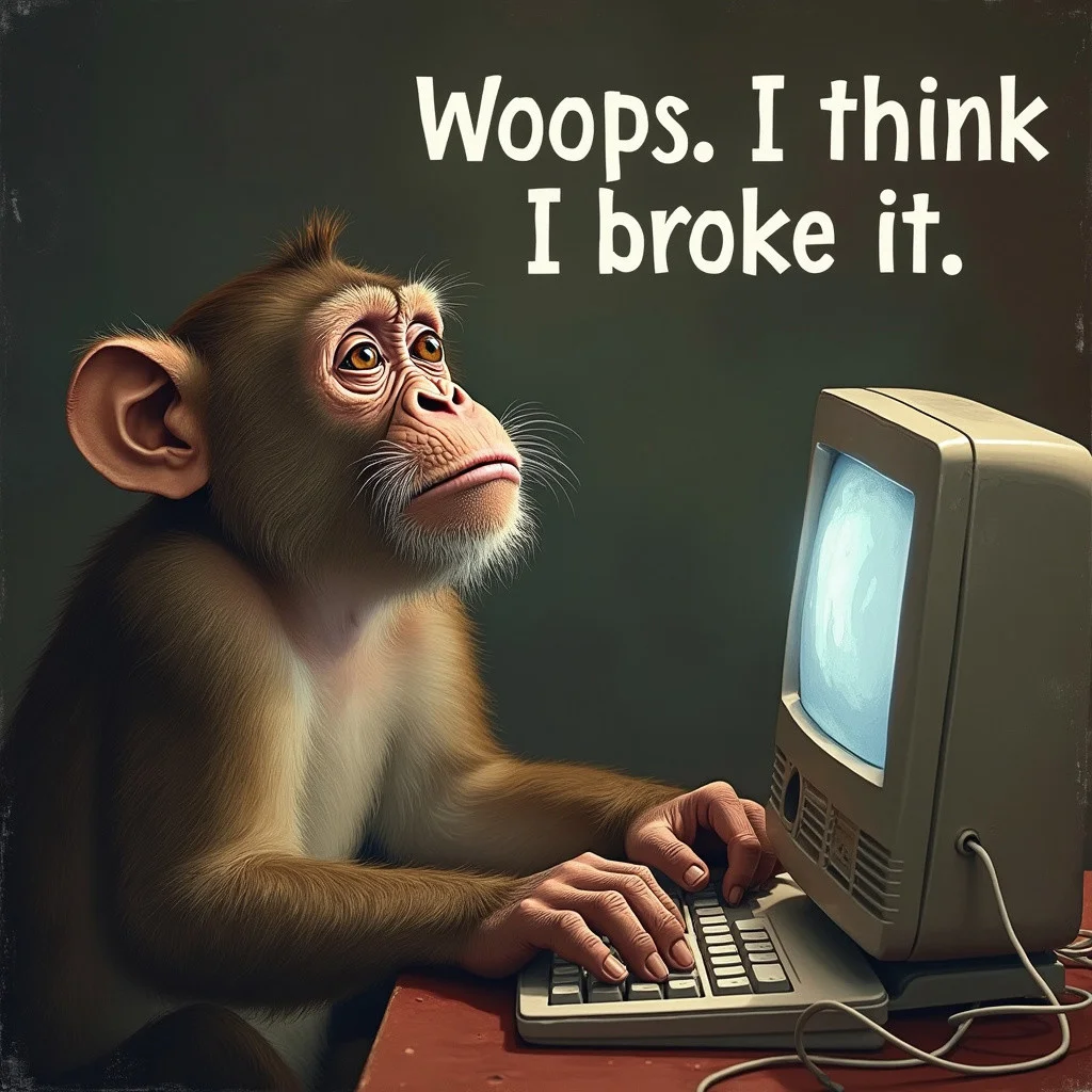 beautiful, masterpiece, a picture of a confused monkey operating a computer with the text "Woops. I think I broke it."