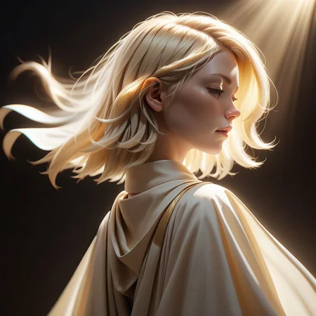 ((8k, best quality, masterpiece, extremely detailed, Rule of thirds)), (((light play, shadow play))), ((abstract background)), ((glamour photography)), ((cinematic, film grain)), ((anime aesthetic)), ((provocative)), ((soft light passing through hair)), ((short blond hair, floating hair)), ((cleric, cleric-robes, flowing robes, sheer, holy-light)), ((dynamic pose)), radiant-aura, profile-shot, close-up, eyes closed, reflective, shiny,