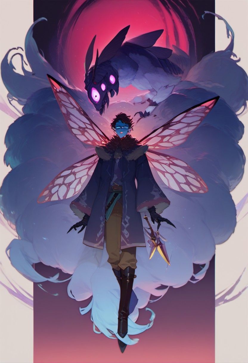 score_9, score_8_up, score_7_up, score_6_up,  faerie rogue, dagger strike, beautiful, dark bold line work, occult singles and runes, heavy black boots, highly detailed face, insect wings, fluffy fur, monster, perfect eyes looking at viewer, colored skin, cyan and purple