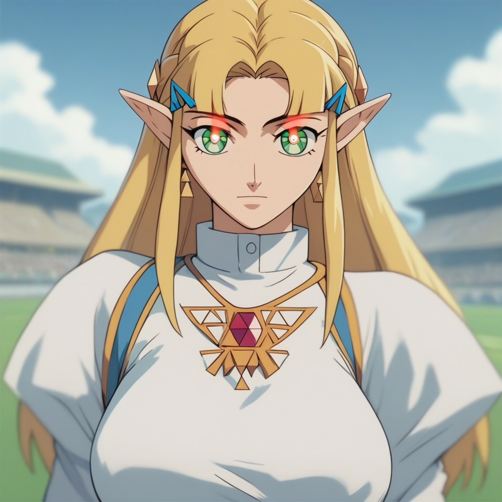 source_anime, ((score_9)),score_8_up,score_7_up,score_6_up,score_5_up,score_4_up, retro_artstyle, anime style, 1woman, Princess Zelda, blonde hair, large breasts, (green eyes), (C0NTR4CT0R, Contractor, red_pupils, glowing, glowing eyes), looking at viewer, facing viewer, masterpiece, best quality, highres, best illumination, depth of field,