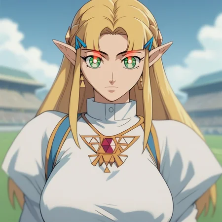 source_anime, ((score_9)),score_8_up,score_7_up,score_6_up,score_5_up,score_4_up, retro_artstyle, anime style, 1woman, Princess Zelda, blonde hair, large breasts, (green eyes), (C0NTR4CT0R, Contractor, red_pupils, glowing, glowing eyes), looking at viewer, facing viewer, masterpiece, best quality, highres, best illumination, depth of field,