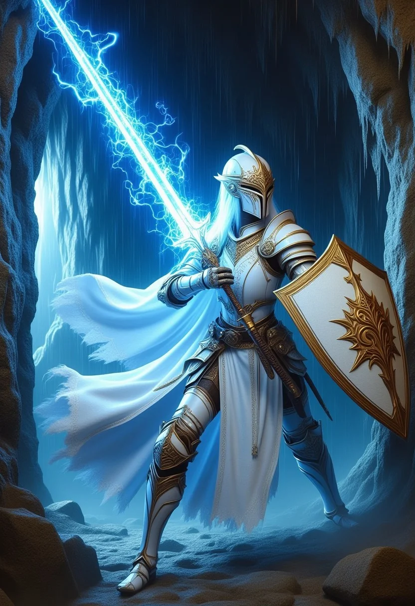 detailed renaissance oil painting, masterpiece, an oriental female knight in white armour with gold embellishments, holding a sword (glowing blue, with blue electrical energy flowing through it) and shield an a battle-ready stance, dynamic pose, in a dark, damp cave, directional lighting, masterpiece, mythp0rt, perfect composition, perfect hands, cowboy shot
