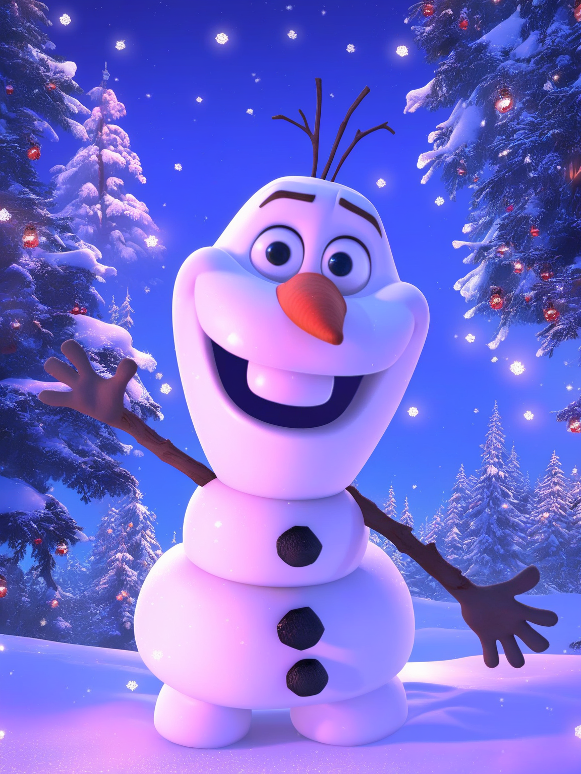 photography, Olaf, snowman, solo, no humans, standing,  in snow,  scenic view, pine trees, winter, night, start, mountains,  score_9, score_8_up, score_7_up  zPDXL <lora:Olaf1:1>, score_9, score_8_up, score_7_up,  zPDXL