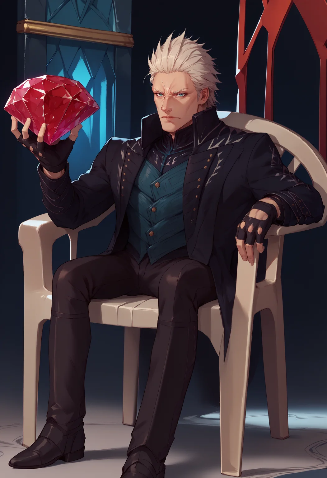 score_9, score_8_up, score_7_up, chaos emerald, holding, gem, holding gem, <lora:ChaosEmeraldHolding_pdxl_Incrs_v1:1>, <lora:PlasticChair_XLPD:1> plastic chair, sitting, leaning <lora:dmc5_vergil_ponyXL:1> dmc5vergil, black coat, fingerless gloves, pants,
