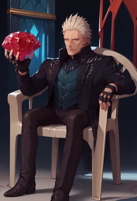score_9, score_8_up, score_7_up, chaos emerald, holding, gem, holding gem, <lora:ChaosEmeraldHolding_pdxl_Incrs_v1:1>, <lora:PlasticChair_XLPD:1> plastic chair, sitting, leaning <lora:dmc5_vergil_ponyXL:1> dmc5vergil, black coat, fingerless gloves, pants,