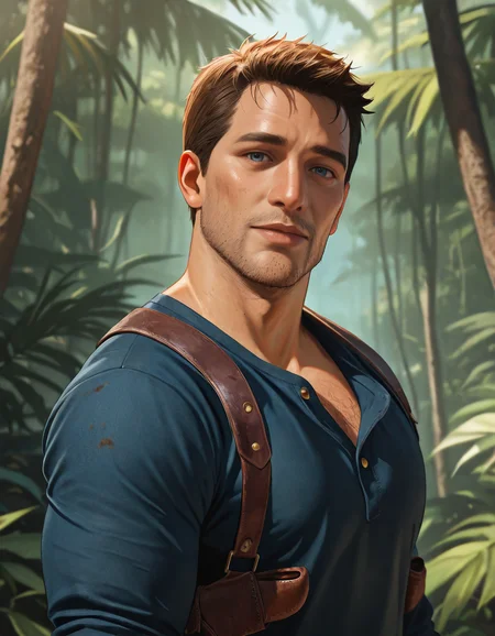 masterpiece, best quality, absurdres, newest, perfect quality, best quality, absolutely eye-catching, detailed background, intricate details, male focus, solo, realistic, <lora:Uncharted - Nathan - Illustrious 2_1-000004:0.7>, uncharteddrake, 1boy, mature male, very short hair, blue eyes, stubble, outdoors, jungle, looking at viewer, head tilt, beckon, upper body, sparse body hair, shoulder holster, dark blue shirt, partially unbuttoned shirt, dirty shirt, from side