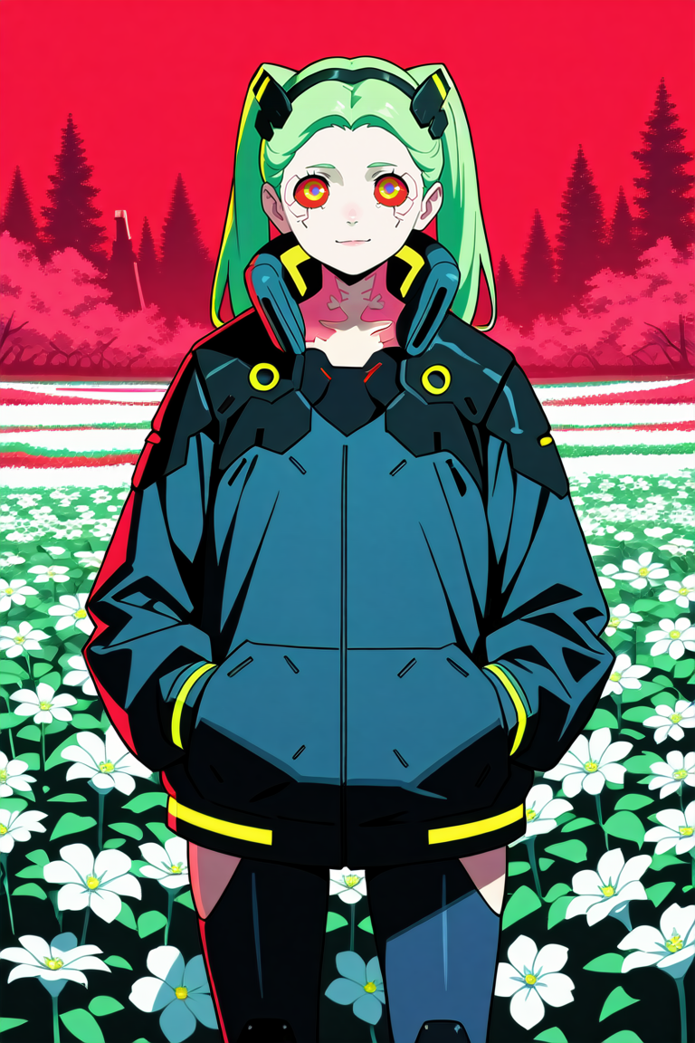 masterpiece, best quality, absurdres,
<lora:ILERRebecca:0.8>
ERRebecca, 1girl, green hair, twin tails, red pupils, colored sclera, looking at viewer, cyberpunk, in autumn,seasonal flower,seasonal background,flower background, posing