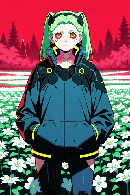 masterpiece, best quality, absurdres,
<lora:ILERRebecca:0.8>
ERRebecca, 1girl, green hair, twin tails, red pupils, colored sclera, looking at viewer, cyberpunk, in autumn,seasonal flower,seasonal background,flower background, posing