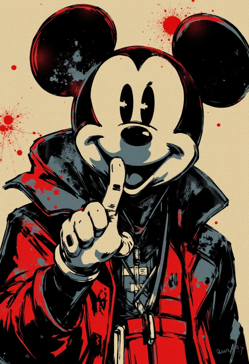 <lora:Yoji_Shinkawa_Style_FLUX-000012:0.8>
This image is a stylized digital illustration with a gritty yshinkawa cyberpunk anime aesthetic, showcasing Mickey Mouse giving you the middle finger