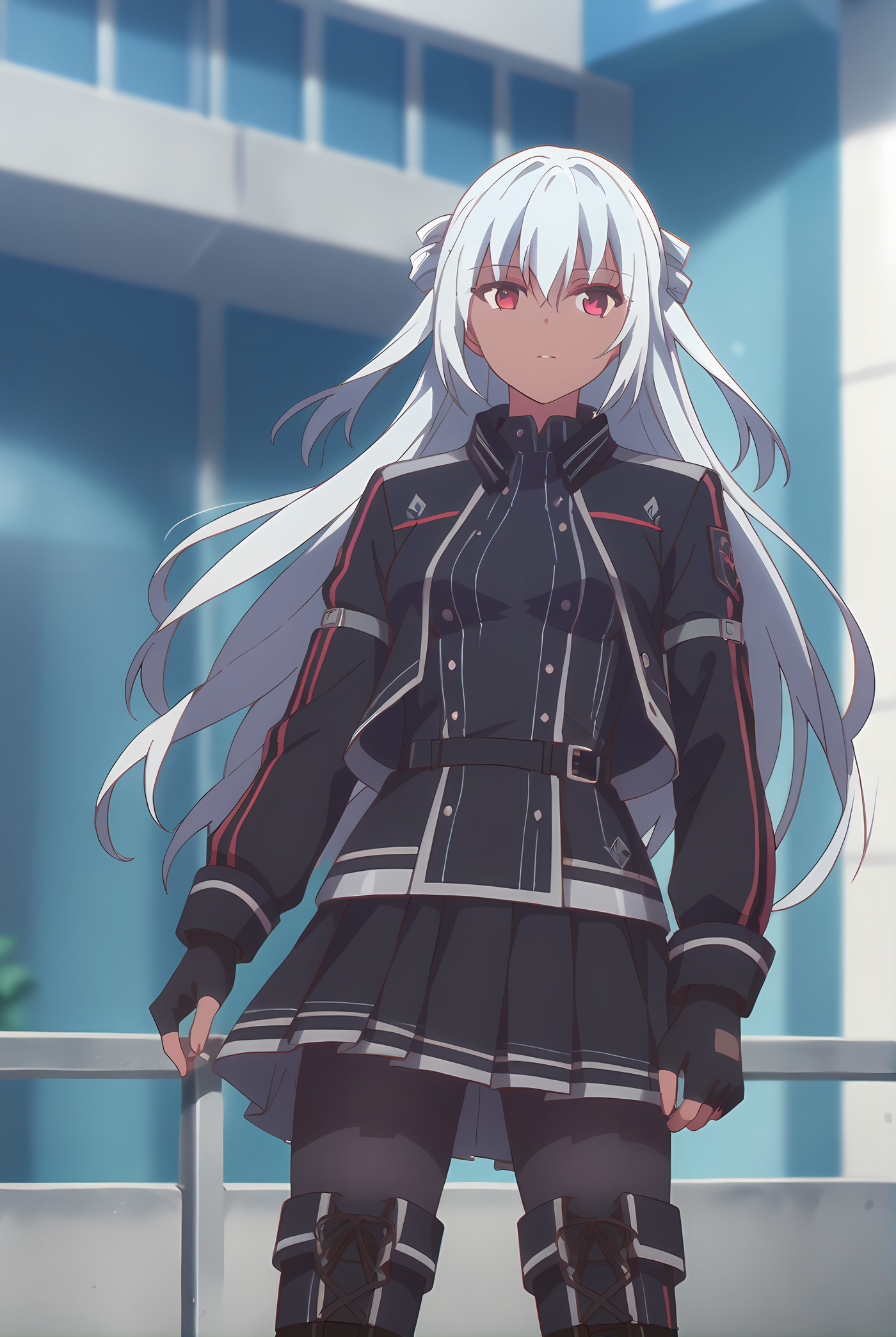 (black jacket black skirt black pantyhose fingerless gloves black boots:1.30), gg-kerlich, red eyes, grey hair, long hair, dark skin, medium breasts, 1girl, solo, skinny, score_9, score_8_up, score_8, score_7_up, score_7, score_6_up, score_6, score_5_up, score_5, source_anime, horny, , (close-up:1.20), (2koma:1.20), , <lora:gg-kerlich-V01-000003:0.90>