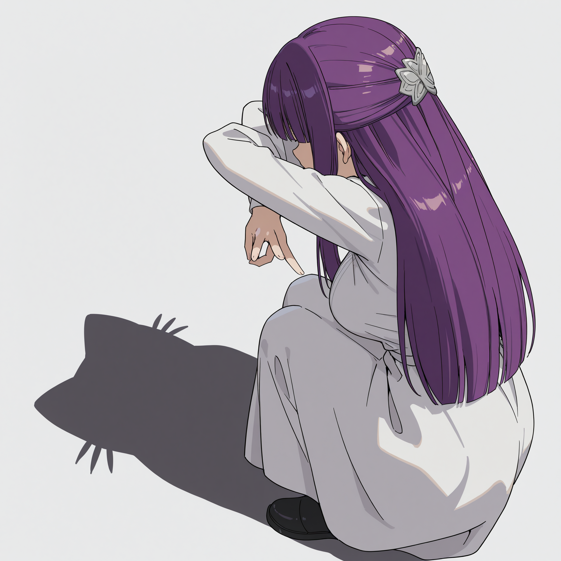 highres, absurdres, hi res, best quality, masterpiece, 2d, intricate details, 4k, anime coloring,
1girl, solo, female, bangs, blunt bangs, long hair, purple hair, fern \(sousou no frieren\),
dress, white dress, long sleeves, 
from behind, from side, shadow, animal, parody, squatting, cat, meme, cat shadow puppet \(meme\), cat shadow puppet (meme), crossed arms,
white background, <lora:Cat_Shadow_Puppet_(Concept)_ILXL:1>,
