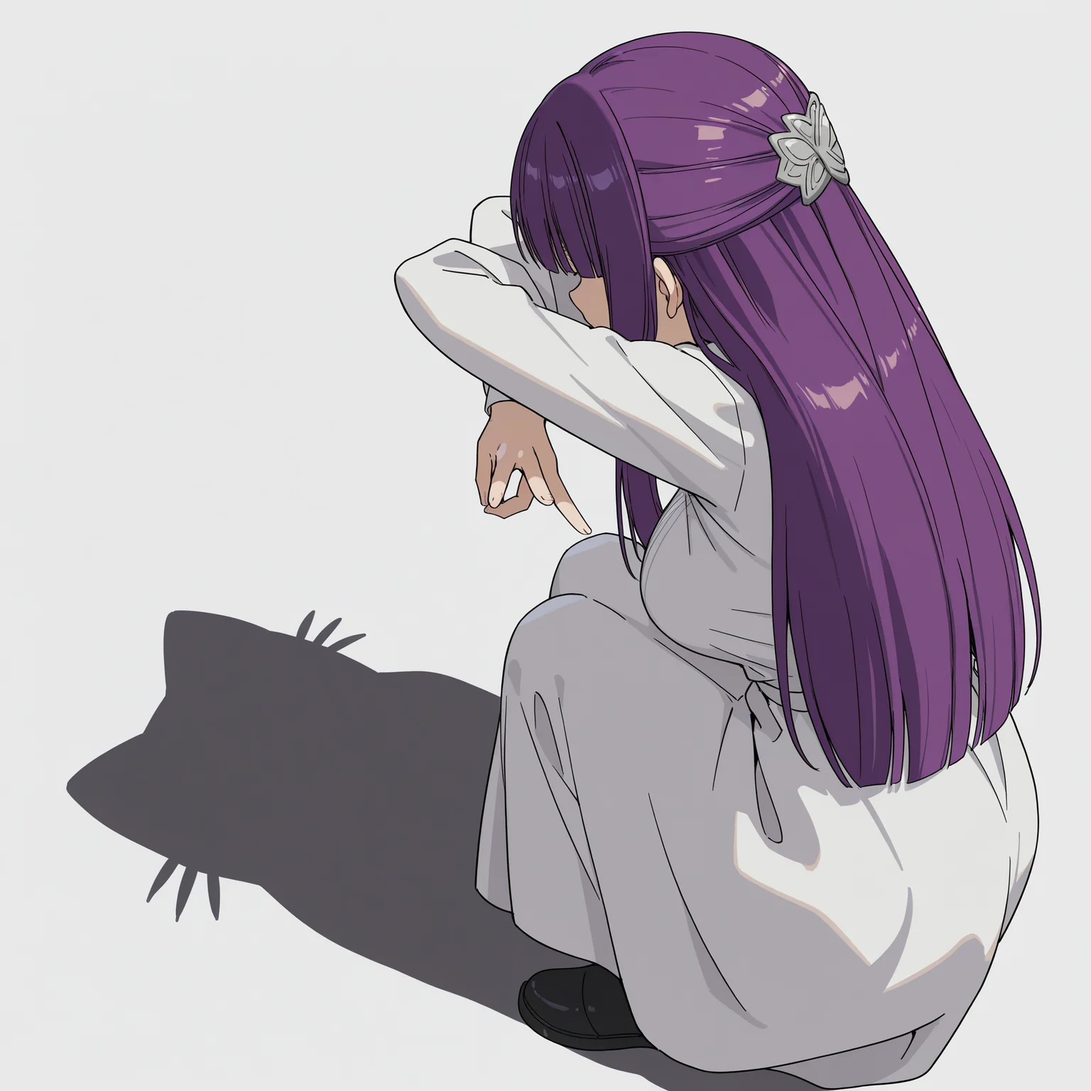 highres, absurdres, hi res, best quality, masterpiece, 2d, intricate details, 4k, anime coloring,
1girl, solo, female, bangs, blunt bangs, long hair, purple hair, fern \(sousou no frieren\),
dress, white dress, long sleeves,
from behind, from side, shadow, animal, parody, squatting, cat, meme, cat shadow puppet \(meme\), cat shadow puppet (meme), crossed arms,
white background, <lora:Cat_Shadow_Puppet_(Concept)_ILXL:1>,
