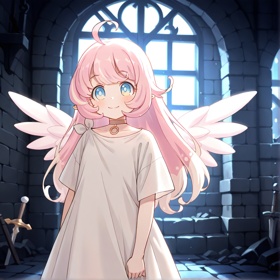 masterpiece, best quality, very aesthetic, absurdres, detailed, dungeon, ruins, break, raphy_(princess_connect), 1girl,long hair,pink hair,ahoge,multicolored hair,bangs,blue eyes,wings,white dress,choker