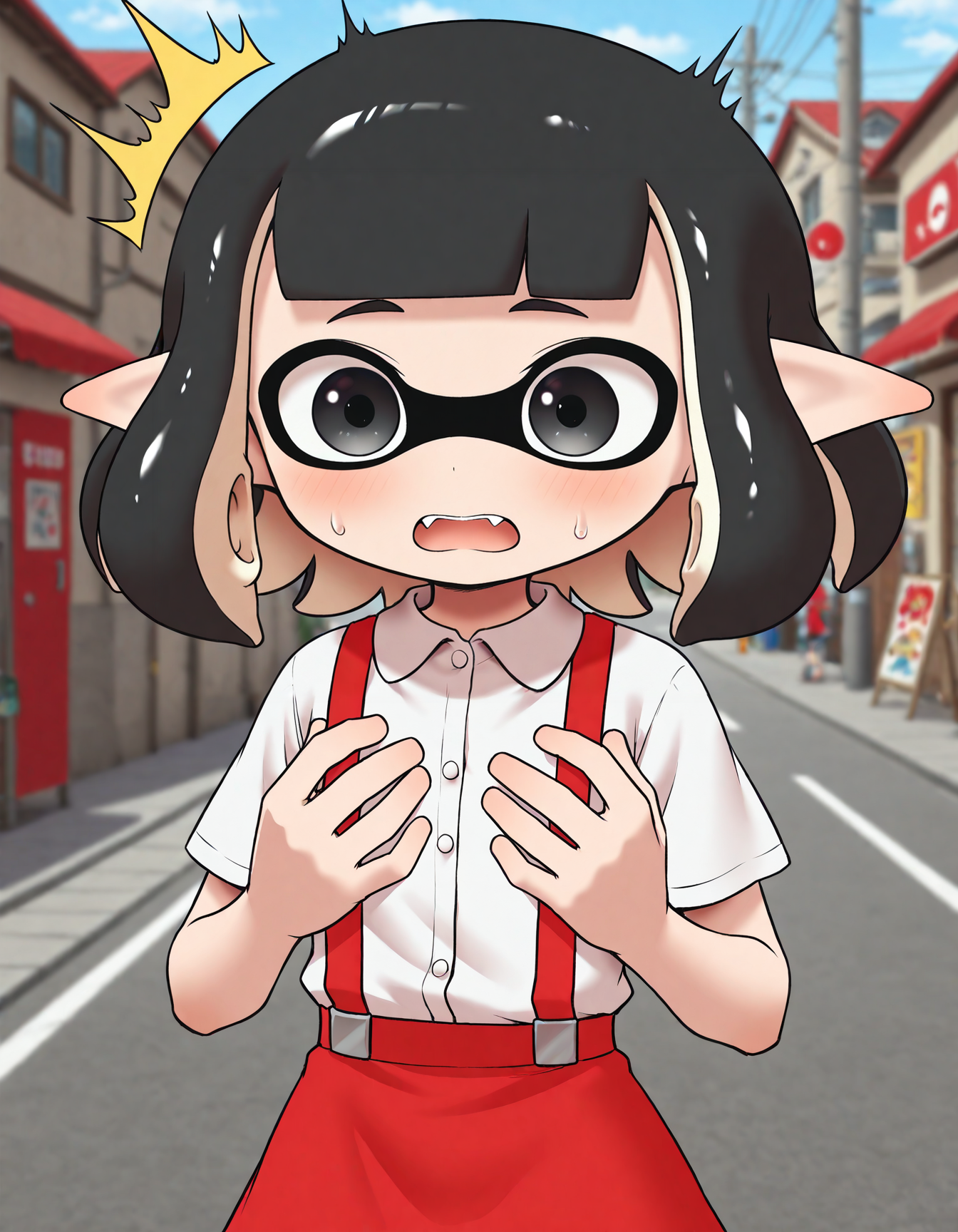 <lora:@CFG Scale Boost:0.2>
<lora:Hanako-San__Toiletta_Yokai_Watch:0.9> masterpiece, best quality, amazing quality, very aesthetic, absurdres, depth of field, blurry background, extremely detailed face, detailed eyes, (official style:1.2), screencap,
<lora:PeroInklingIL:0.8> inkling,
hanako_yw, solo, black hair, bob cut, blunt bangs, black eyes,
domino mask, shirt, suspenders, red_skirt,
outdoors, 
looking at self, hands, surprised,