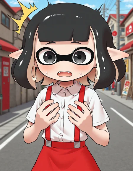 <lora:@CFG Scale Boost:0.2>
<lora:Hanako-San__Toiletta_Yokai_Watch:0.9> masterpiece, best quality, amazing quality, very aesthetic, absurdres, depth of field, blurry background, extremely detailed face, detailed eyes, (official style:1.2), screencap,
<lora:PeroInklingIL:0.8> inkling,
hanako_yw, solo, black hair, bob cut, blunt bangs, black eyes,
domino mask, shirt, suspenders, red_skirt,
outdoors, 
looking at self, hands, surprised,