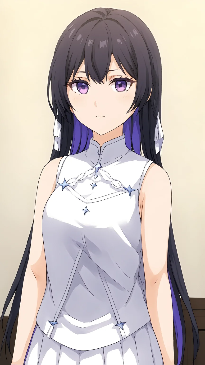masterpiece, best quality,
<lora:tinasha.sdxl.v3:0.75> tinasha
black hair, purple eyes,
1girl, solo, white vest,
white dress,sleeveless,
<lora:kindred_spirits_sdxl-000005:0.8> kd_vnstyle