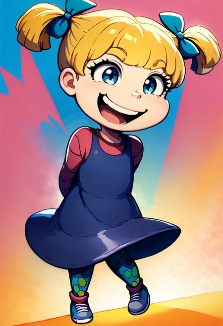 score_9, score_8, score_7, cute, colorful background, open mouth, smile, full body, Dutch angle, solo, 1girl. blonde hair, twintails, dress, hair bow, polka dot leggings, hands behind back, dynamic pose,