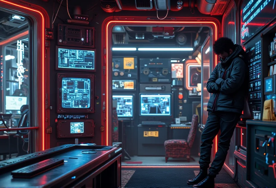 A three-quarter shot of a character leaning against a high-tech wall, surrounded by futuristic technology. The scene is highly detailed and realistic, capturing the essence of sci-fi aesthetics, with intricate elements like neon reflections .<lora:bv-cybstyenh-v1.safetensors:1.0:1.0>