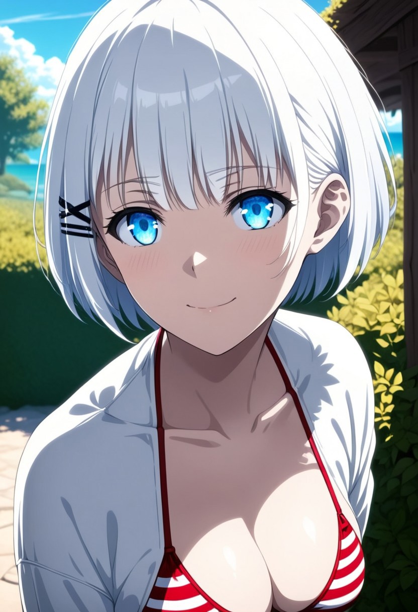 White hair, short hair, blue eyes, xhairclip hairclip, eye catching, siesta, short hair, bangs, blue eyes, hair ornament, white hair, hairclip, smile,
BREAK striped bikini, red bikini, white bikini,
BREAK outdoors,
BREAK looking at viewer, dynamic pose, cowboy shot,
(masterpiece:1.2), best quality, high resolution, unity 8k wallpaper, (illustration:0.8), (beautiful detailed eyes:1.6), extremely detailed face, perfect lighting, extremely detailed CG